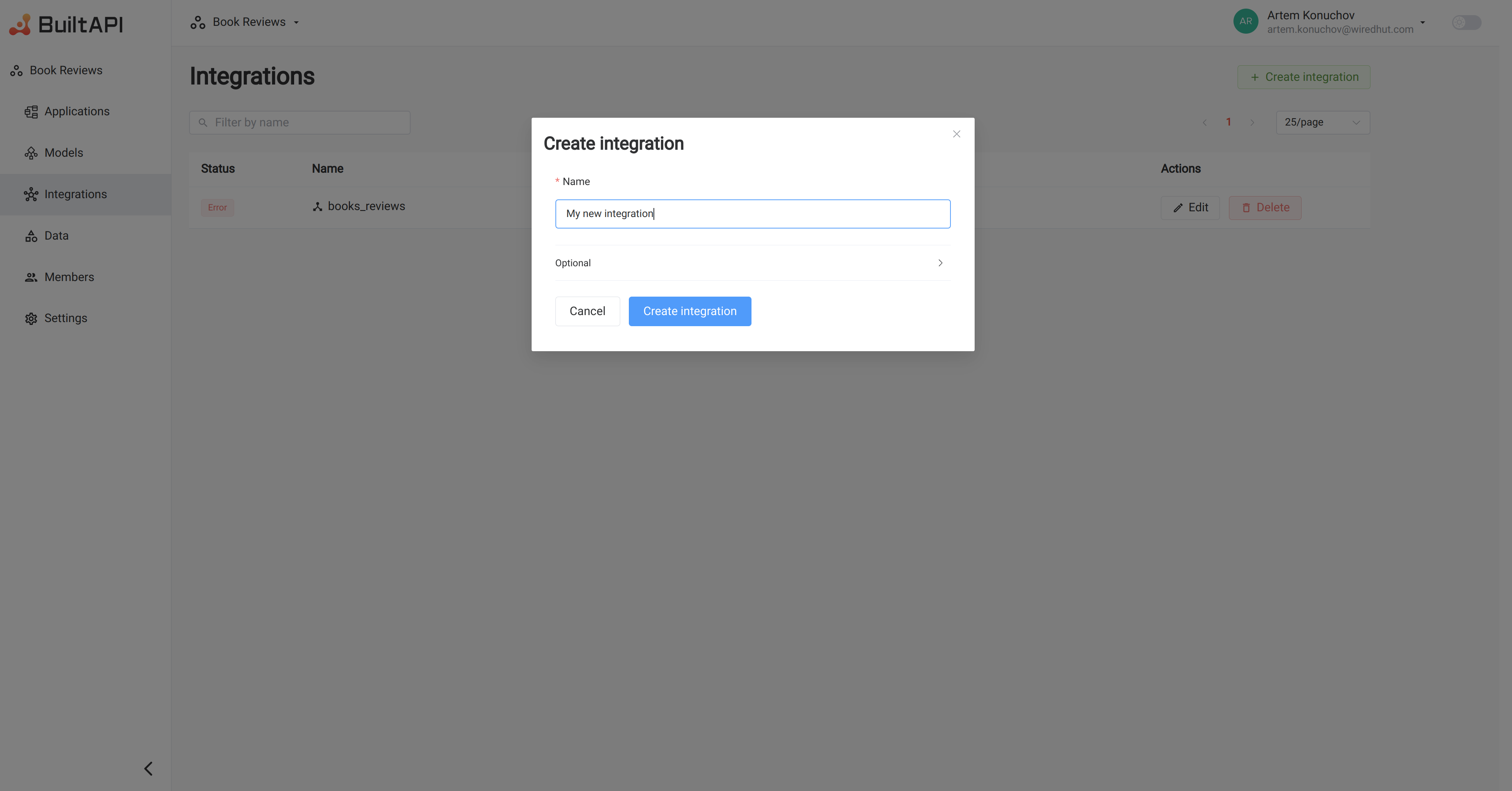 create integration form