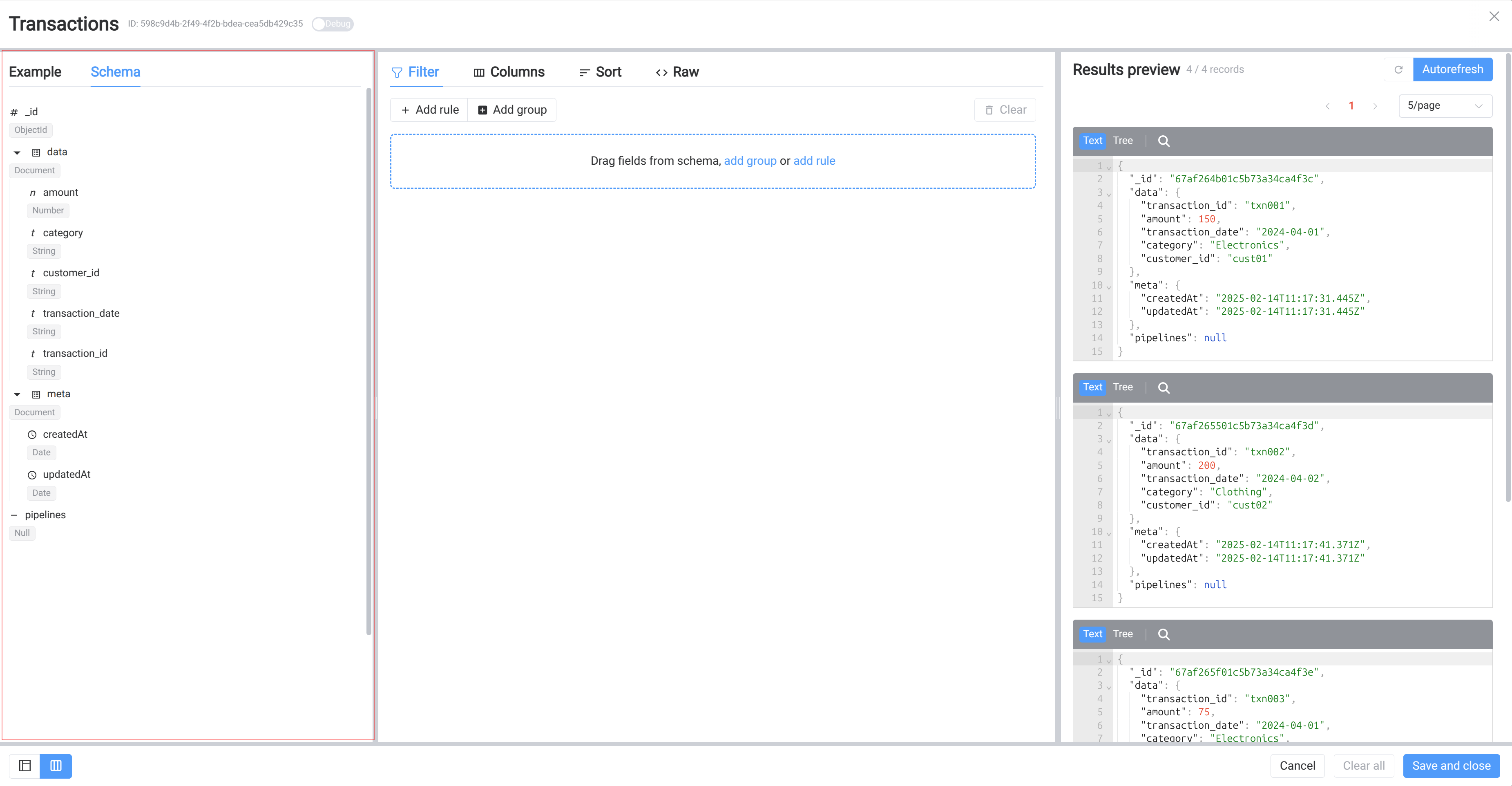 query builder schema tab